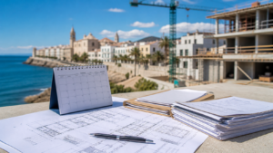 Planos, calendario y documentación de licencia de obra frente a una zona costera