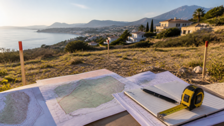 Planos, cinta métrica y parcela con vistas al mar antes de comprar suelo