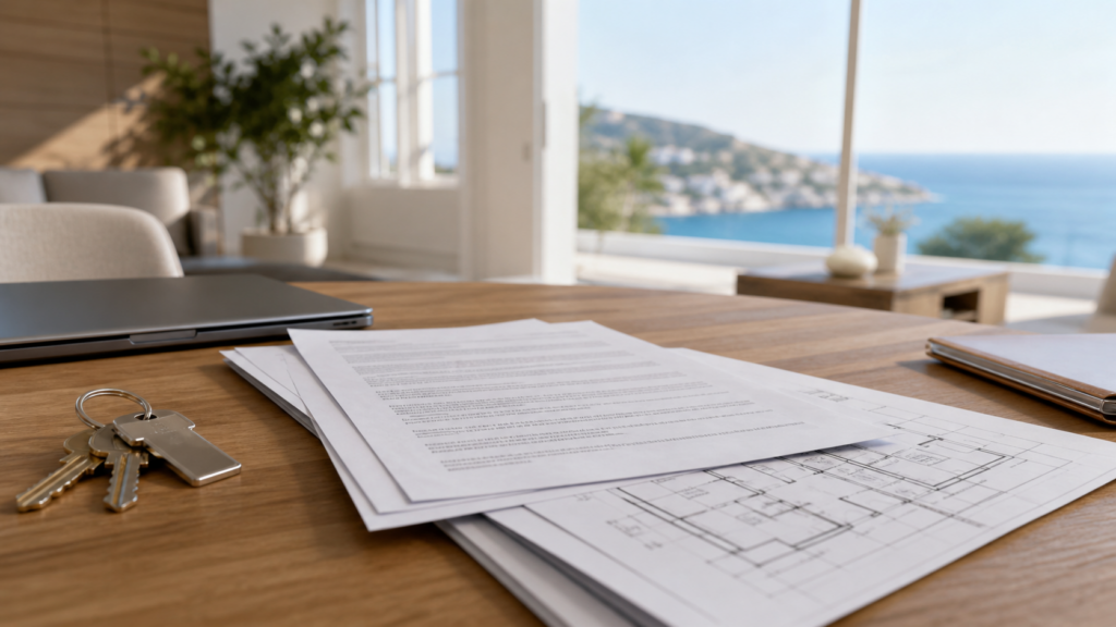 Documentos de una nota simple, llaves y plano de vivienda con vistas al Mediterráneo