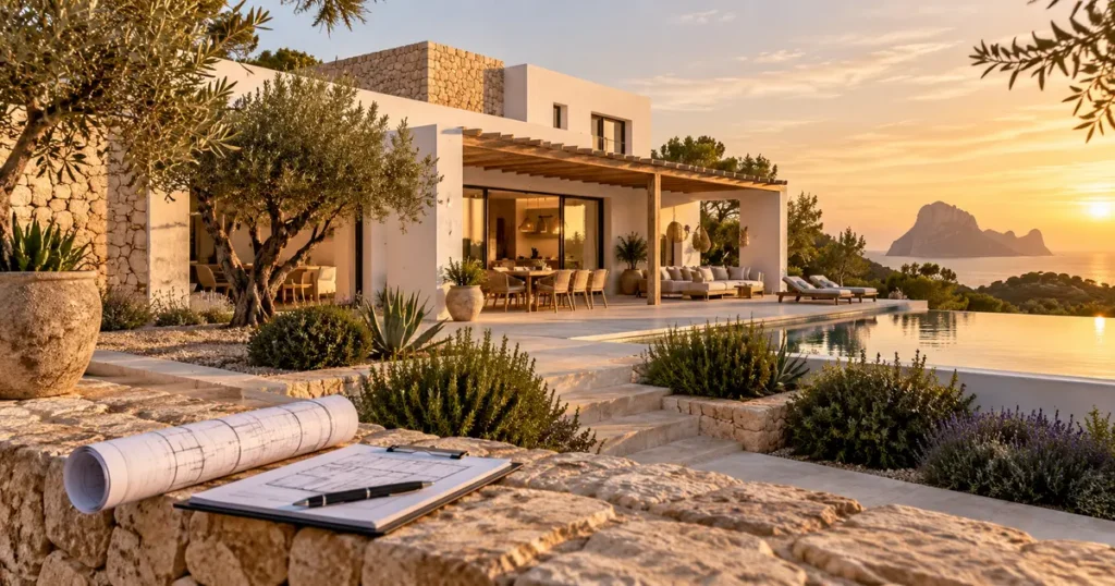 Villa mediterránea en Ibiza con piscina y vistas al mar, con planos arquitectónicos en primer plano.