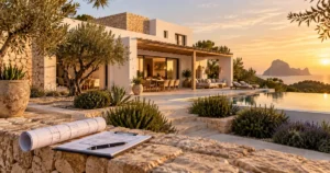 Villa mediterránea en Ibiza con piscina y vistas al mar, con planos arquitectónicos en primer plano.
